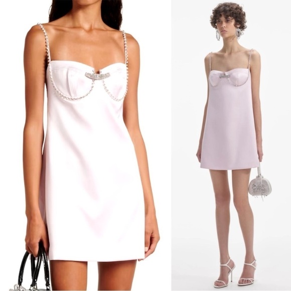 NEW! Self Portrait- Pink Satin Diamante Mini Dress with Bow Crystal Slip Size 8 - Picture 1 of 11